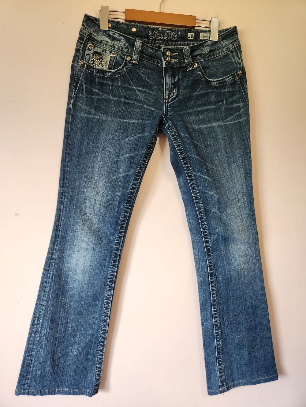 Miss Me Y2K Black Lace Rhinestone Flap Pocket Bootcut Denim Jeans Size 28
